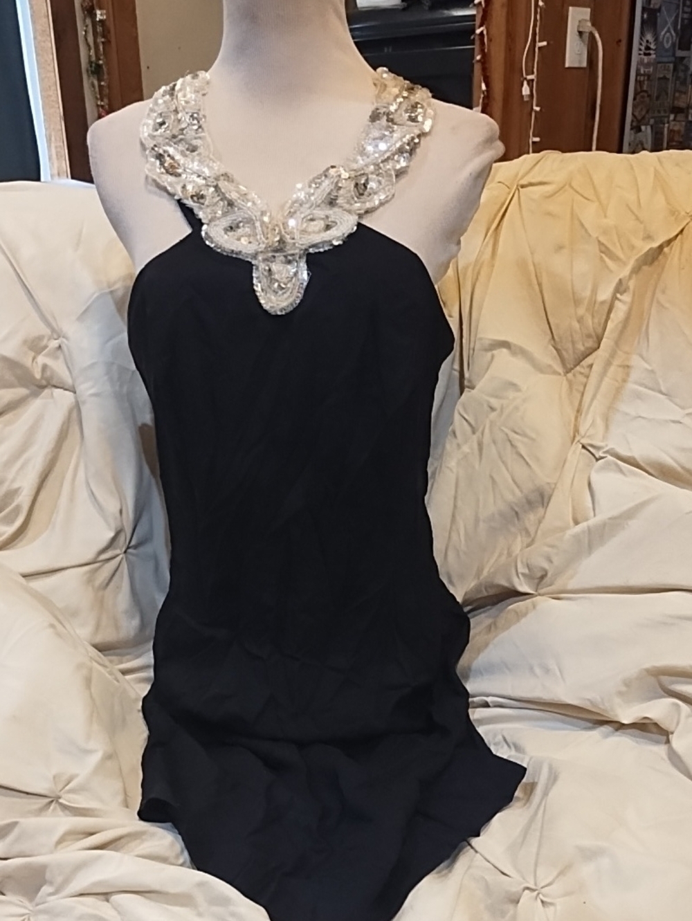 Lola Berent Black Beaded Neckline Halter Dress